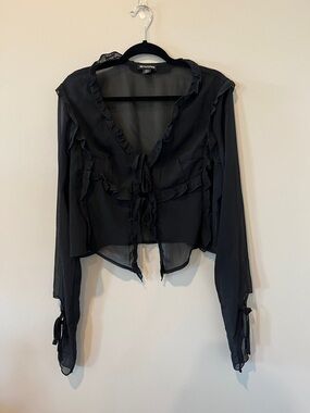 NWOT PrettyLittleThing Black Ruffle Tie-Front Sheer Blouse